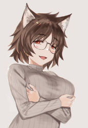 Rule 34 | 1girl, animal ears, breasts, chrno crusade, demon girl, fangs, glasses, grey background, hands on own chest, highres, moriyama daisuke, open mouth, red eyes, shader, simple background, smile, solo, sweater, tagme