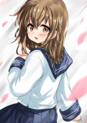 Rule 34 | 1girl, alternate hairstyle, blue sailor collar, blue skirt, brown eyes, brown hair, commentary request, cowboy shot, from behind, hair between eyes, hair down, hand on own chest, highres, inazuma (kancolle), kantai collection, long hair, looking at viewer, looking back, nukoyarou, pleated skirt, sailor collar, school uniform, serafuku, skirt, solo, standing