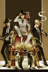 Rule 34 | 3boys, belt, bird, black hair, black pants, blonde hair, chair, cigarette, copyright name, crossed arms, crown, earrings, formal, gold, green hair, hair over one eye, hand on headwear, hat, jewelry, leaning, male focus, monkey d. luffy, multiple boys, necktie, one piece, pants, parrot, penguin, pinstripe pants, pinstripe pattern, pinstripe suit, roronoa zoro, sandals, sanji (one piece), scar, sheath, sheathed, shirt, sitting, smoking, standing, striped clothes, striped pants, suit, tile floor, tiles, treasure, white shirt