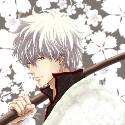 Rule 34 | 1boy, bokken, cherry blossoms, flower, gin2point, gintama, japanese clothes, male focus, red eyes, sakata gintoki, silver hair, solo, sword, weapon, wooden sword