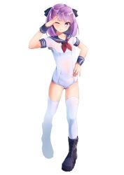 Rule 34 | 1girl, absurdres, alternate costume, artist request, bad id, bad pixiv id, blush, fate/grand order, fate (series), full body, helena blavatsky (fate), highres, looking at viewer, one-piece swimsuit, one eye closed, purple eyes, purple hair, sailor collar, salute, short hair, simple background, smile, solo, swimsuit, thighhighs, unfinished, white background, white thighhighs