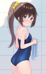 Rule 34 | 1girl, ass, blue eyes, blue one-piece swimsuit, blush, bow, breasts, brown hair, competition school swimsuit, eichisu, from behind, hair bow, highres, long hair, looking at viewer, looking back, love live!, love live! nijigasaki high school idol club, one-piece swimsuit, osaka shizuku, ponytail, ribbon, school swimsuit, small breasts, solo, swimsuit, thighs, tile wall, tiles, towel
