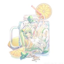 Rule 34 | 1girl, artist name, chinese commentary, commentary request, cup, dated, drinking straw, facial tattoo, food, food-themed hair ornament, food themed hair ornament, fruit, glass, green eyes, green hair, hair ornament, hatsune miku, high heels, ice, ice cube, in container, in cup, leaf, legs up, lemon, lemon hair ornament, lemon slice, long hair, looking at viewer, mint, parted lips, shoes, unworn shoes, smile, solo, submerged, tattoo, twintails, underwater, very long hair, vocaloid, w.r.b, white background