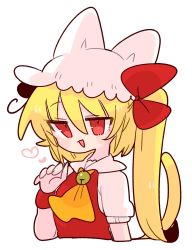 Rule 34 | 1girl, animal ears, ascot, back bow, bell, blonde hair, bow, cat ears, cat girl, cat tail, collared shirt, crystal, fang, flandre scarlet, frilled shirt collar, frilled sleeves, frills, hat, hat ribbon, highres, jingle bell, medium hair, mob cap, one side up, op na yarou, puffy short sleeves, puffy sleeves, red eyes, red ribbon, red vest, ribbon, shirt, short sleeves, simple background, slit pupils, solo, tail, touhou, vest, white background, white hat, white shirt, wings, wrist cuffs, yellow ascot