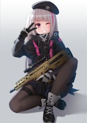 Rule 34 | 1girl, assault rifle, automatic rifle, battle rifle, beret, black pantyhose, bullpup, carbine, commentary, desert tech mdr, girls&#039; frontline, gloves, grey hair, gun, hat, highres, holding, holding gun, holding weapon, kurisu-kun, long hair, looking at viewer, mdr (girls&#039; frontline), multicolored hair, one eye closed, one side up, pantyhose, pink eyes, revision, rifle, sitting, solo, streaked hair, tactical clothes, weapon