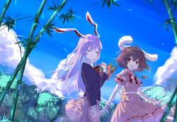 Rule 34 | 2girls, animal ears, bamboo, basket, black hair, black jacket, blazer, bow, carrot, carrot necklace, closed eyes, cloud, day, dress, food, hair between eyes, hair ornament, hairclip, highres, holding, holding basket, inaba tewi, jacket, jewelry, light purple hair, long hair, long sleeves, multiple girls, necklace, open mouth, pink dress, pink skirt, pleated skirt, rabbit ears, rabbit tail, red bow, red eyes, reisen udongein inaba, ringo no usagi (artist), short hair, short sleeves, skirt, sky, smile, tail, touhou, vegetable