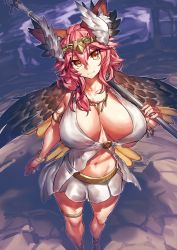 Rule 34 | 1girl, animal ears, bracelet, breasts, circe (fate) (cosplay), circe (fate), cleavage, cosplay, fang, fate/grand order, fate (series), fox ears, head wings, highres, huge breasts, jewelry, looking at viewer, melon22, navel, necklace, over shoulder, pink hair, solo, staff, standing, tamamo (fate), tamamo no mae (fate/extra), tamamo no mae (swimsuit lancer) (fate), tiara, weapon, weapon over shoulder, wings, yellow eyes