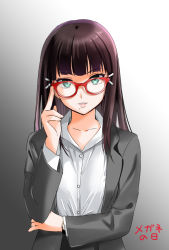 Rule 34 | 10s, 1girl, adjusting eyewear, bespectacled, black hair, business suit, commentary request, dress shirt, formal, glasses, glasses day, gradient background, green eyes, kurosawa dia, love live!, love live! sunshine!!, misu kasumi, mole, mole under mouth, parted lips, red-framed eyewear, shirt, solo, suit