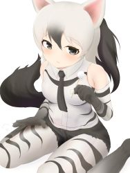 Rule 34 | 1girl, aardwolf (kemono friends), aardwolf print, absurdres, animal ears, animal print, bare shoulders, beckoning, black hair, black necktie, black shorts, closed mouth, collared shirt, elbow gloves, extra ears, gloves, grey eyes, grey hair, hair between eyes, hand up, highres, holding, kemono friends, lap pillow invitation, light blush, long hair, looking at viewer, mimikaki, multicolored hair, necktie, pantyhose, pantyhose under shorts, patting, patting lap, ponytail, print gloves, print pantyhose, print shirt, puff of air, shirt, short shorts, shorts, simple background, sitting, solo, tail, two-tone hair, wariza, wavy mouth, white background, wing collar, ykt scl