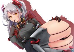 Rule 34 | 1girl, antenna hair, ass, azur lane, black jacket, black panties, black thighhighs, breasts, brown gloves, cross, denpa (denpae29), finger to mouth, garter straps, gloves, hand on own ass, hand up, headgear, huge ass, iron cross, jacket, large breasts, long hair, long sleeves, looking at viewer, lying, military, military uniform, on side, orange eyes, panties, parted bangs, parted lips, prinz eugen (azur lane), shadow, silver hair, simple background, skindentation, solo, taut clothes, thighhighs, two side up, underwear, uniform, white background