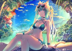 Rule 34 | 1girl, ahoge, alternate costume, alternate hairstyle, animal ears, atalanta (fate), bikini, breasts, bright pupils, closed mouth, fate/grand order, fate (series), feet out of frame, green-framed eyewear, green bikini, green eyes, green hair, kaze minoru so-ru, knees together feet apart, legs, looking at viewer, medium breasts, outdoors, palm tree, rock, sitting, sitting on rock, sky, solo, sunglasses, swimsuit, tail, tree, twintails, water, waterfall, white pupils