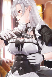 Rule 34 | 1girl, ascot, black ascot, blurry, blurry background, breasts, cigarette, cleavage, combat maid, commentary request, corset, dress, earrings, gloves, gun, hair ornament, handgun, highres, holding, holding gun, holding weapon, jewelry, kfr, large breasts, long hair, maid, maid headdress, original, red eyes, revolver, silver hair, smoke, solo, weapon, white gloves