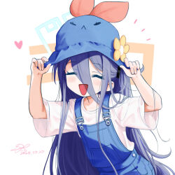 Rule 34 | 1girl, absurdly long hair, aris (blue archive), black hair, blue archive, blue halo, blue hat, blue overalls, blush, closed eyes, dated, dofus (icyboon), fingernails, halo, hat, heart, long hair, open mouth, overalls, shirt, short sleeves, signature, simple background, smile, solo, very long hair, white background, white shirt