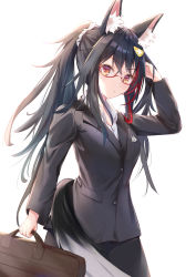 Rule 34 | 1girl, absurdres, animal ear fluff, animal ears, black hair, black skirt, black suit, breasts, briefcase, collared shirt, commentary request, formal, glasses, hair between eyes, hair ornament, hairclip, hand in own hair, highres, holding, holding briefcase, hololive, long sleeves, looking at viewer, medium breasts, multicolored hair, ookami mio, ponytail, red hair, shirt, sidelocks, simple background, skirt, solo, streaked hair, suit, tail, two-tone hair, virtual youtuber, white background, white shirt, wolf ears, wolf girl, wolf tail, wolfgang (paul94104875), yellow eyes