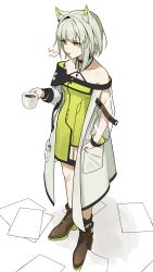 Rule 34 | 1girl, absurdres, animal ear fluff, animal ears, arknights, bare shoulders, brown footwear, coffee, commentary request, cup, dress, full body, green dress, green eyes, grey hair, hand in pocket, highres, holding, holding cup, jacket, kal&#039;tsit (arknights), long sleeves, looking away, material growth, off-shoulder jacket, off shoulder, oripathy lesion (arknights), puffy long sleeves, puffy sleeves, see-through, see-through sleeves, shoes, shoujo l, simple background, solo, standing, tongue, tongue out, white background, white jacket