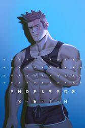 Rule 34 | 1boy, abs, bara, black tank top, blue eyes, body hair, boku no hero academia, boxers, bulge, casual, character name, clothes lift, cowboy shot, endeavor (boku no hero academia), facial hair, frde, large pectorals, male focus, male underwear, manly, muscular, mustache, navel, nipples, pectorals, red hair, scar, shirt lift, short hair, simple background, solo, spiked hair, straddling, stubble, tank top, thick thighs, thighs, underwear, watch