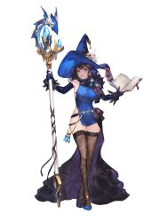 Rule 34 | 1girl, anklet, armpits, artist request, belt, black hair, black thighhighs, blue dress, blue footwear, blue gemstone, blue sleeves, book, brown dust 2, brown eyes, cape, detached sleeves, dress, earrings, eyebrows hidden by hair, floral print, flower hat, full body, gem, grimoire, groin, hair between eyes, hat, high heels, highres, holding, holding book, holding staff, jewelry, large hat, mage staff, no panties, official art, open mouth, purple brooch, purple cape, scheherazade (brown dust), second-party source, short dress, simple background, smile, solo, staff, stiletto heels, teeth, thighhighs, turtleneck, turtleneck dress, upper teeth only, waist cape, white background, witch hat