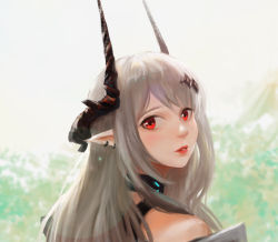 Rule 34 | 1girl, ahong, arknights, bare shoulders, black choker, choker, commentary, highres, horns, infection monitor (arknights), long hair, looking at viewer, mudrock (arknights), parted lips, pointy ears, portrait, red eyes, red lips, silver hair, solo