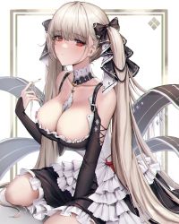 Rule 34 | 1girl, absurdres, azur lane, bare shoulders, between breasts, black dress, blush, breasts, cleavage, detached collar, dress, formidable (azur lane), frilled dress, frills, grey hair, highres, jademoon, large breasts, long hair, looking at viewer, red eyes, ribbon, solo, twintails, two-tone dress, two-tone ribbon, very long hair