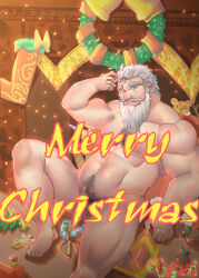 Rule 34 | 1boy, absurdres, artist request, bara, beard, belly, censored, censored by text, christmas, christmas wreath, completely nude, dwarf, facial hair, fat, fat man, flaccid, foot out of frame, foreskin, full beard, highres, huge eyebrows, large pectorals, long beard, male focus, mature male, merry christmas, muscular, muscular male, mustache, nipples, nude, old, old man, original, pectorals, penis, pointy ears, short hair, sitting, solo, thick chest hair, thick navel hair, white hair, wreath