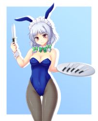 Rule 34 | 1girl, animal ears, bare arms, bare shoulders, black pantyhose, blue background, braid, breasts, cleavage, detached sleeves, gradient background, isaki (gomi), izayoi sakuya, knife, leotard, maid, maid headdress, pantyhose, pink eyes, playboy bunny, rabbit ears, silver hair, smile, solo, thigh gap, touhou, tray, twin braids, wrist cuffs