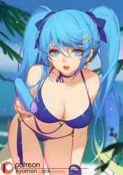 Rule 34 | 1girl, 2018, :d, artist name, bare shoulders, bent over, bikini, blue bikini, blue bow, blue choker, blue eyes, blue hair, blue sky, bow, breasts, cameltoe, choker, cleavage, collarbone, commentary, cowboy shot, day, earrings, english commentary, food, hair between eyes, hair bow, hair ornament, hairclip, holding, holding food, jewelry, large breasts, league of legends, long hair, looking at viewer, navel, o-ring, o-ring bikini, ocean, open mouth, outdoors, patreon logo, pink lips, popsicle, ribbon choker, sky, smile, solo, sona (league of legends), songjikyo, swimsuit, thighs, twintails, very long hair, wristband