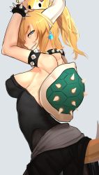 Rule 34 | 1girl, armlet, back, backless dress, backless outfit, bare shoulders, black dress, blonde hair, blue eyes, bowsette, bracelet, breasts, collar, commentary, crown, dragon tail, dress, earrings, forked eyebrows, grey background, horns, i-pan, jewelry, long hair, looking at viewer, looking back, mario (series), medium breasts, muscular, narrowed eyes, new super mario bros. u deluxe, nintendo, ponytail, sharp teeth, sideboob, simple background, solo, spiked armlet, spiked bracelet, spiked collar, spikes, super crown, tail, teeth, thick eyebrows