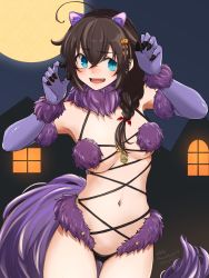 Rule 34 | 1girl, absurdres, ahoge, animal ears, black hair, blue eyes, braid, breasts, cosplay, cowboy shot, dated, elbow gloves, fate (series), fur-trimmed gloves, fur collar, fur trim, gloves, gluteal fold, hair flaps, hair ornament, hair over shoulder, halloween, highres, kantai collection, long hair, looking at viewer, mash kyrielight, mash kyrielight (dangerous beast), mash kyrielight (dangerous beast) (cosplay), medium breasts, navel, o-ring, purple gloves, revealing clothes, shigure (kancolle), shigure kai ni (kancolle), single braid, solo, tail, twitter username, umibudou, wolf ears, wolf tail