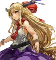 Rule 34 | 1girl, bare shoulders, blonde hair, bow, brown eyes, hair bow, horn ornament, horn ribbon, horns, ibuki suika, long hair, looking afar, low-tied long hair, ribbon, sachito, simple background, solo, standing, touhou, very long hair, white background