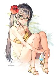 Rule 34 | 1girl, absurdres, bikini, black-framed eyewear, blush, breasts, can, choker, cleavage, collarbone, flower, frilled bikini, frills, full body, glasses, green eyes, hair between eyes, hair flower, hair ornament, hibiscus, highres, holding, holding can, long hair, looking at viewer, medium breasts, mo:oku, mole, mole on breast, original, red flower, silver hair, simple background, sitting, solo, sweatdrop, swimsuit, twintails, twitter username, very long hair, white background, yellow bikini