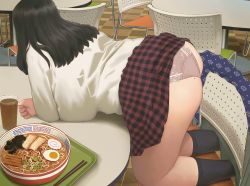 Rule 34 | ass, black hair, black socks, breasts, chair, clothes lift, drink, food, highres, kamaboko, large breasts, long hair, mole, mole on ass, noodles, original, panties, pink panties, plaid, plaid skirt, ramen, ryokucha michi, skirt, socks, solo, table, thick thighs, thighs, tray, underwear, wedgie
