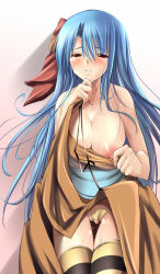 Rule 34 | 1girl, blue hair, blush, breasts, cleavage, clothes lift, clothes pull, discreet vibrator, fct, long hair, nipples, pussy juice, red eyes, rocbouquet, rocbouquet (saga), romancing saga, romancing saga 2, saga, saliva, sara da pranzo, sdp, sex toy, shirt pull, skirt, skirt lift, solo, striped clothes, striped thighhighs, tears, thighhighs, vibrator