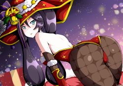 Rule 34 | 1girl, ass, bare shoulders, black hair, blush, breasts, cameltoe, christmas, detached sleeves, elbow gloves, from behind, genshin impact, gloves, green eyes, haarmades, hair ornament, hat, highres, leaning, leaning forward, long hair, looking at viewer, looking back, mona (genshin impact), pantyhose, shiny clothes, shiny skin, sideboob, solo, twintails, very long hair