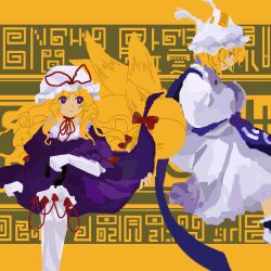Rule 34 | 2girls, abstract background, animal ears, animal hat, blonde hair, blue tabard, curly hair, dress, elbow gloves, fox ears, fox tail, gap (touhou), gloves, hands in opposite sleeves, hat, hat ribbon, highres, kaigen 1025, kitsune, long hair, looking at another, looking back, mob cap, multiple girls, multiple tails, ofuda, ofuda on head, own hands together, puffy short sleeves, puffy sleeves, purple dress, purple eyes, ribbon, short hair, short sleeves, sleeve garter, socks, tabard, tail, touhou, white dress, white gloves, white headwear, white socks, yakumo ran, yakumo yukari, yellow background, yellow eyes