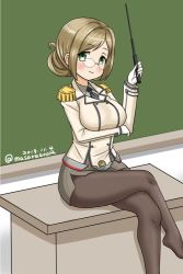 Rule 34 | 1girl, breasts, brown hair, buttons, chalkboard, collared shirt, crossed legs, double-breasted, epaulettes, feet out of frame, folded ponytail, glasses, gloves, green eyes, kantai collection, katori (kancolle), large breasts, light brown hair, looking at viewer, masara (chuujou), military, military uniform, miniskirt, necktie, pantyhose, parted bangs, pencil skirt, pointer, rimless eyewear, shirt, sitting, skirt, solo, table, thighs, uniform, white gloves