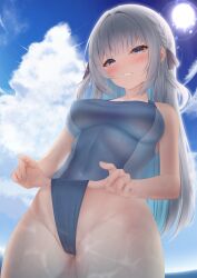 Rule 34 | 1girl, absurdres, asahina miya, blue one-piece swimsuit, blush, breasts, cowboy shot, crotch pull, date+links!, day, from below, grey eyes, grey hair, highres, impossible clothes, impossible swimsuit, john zerowb, large breasts, long hair, looking at viewer, one-piece swimsuit, solo, swimsuit, virtual youtuber