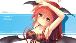 Rule 34 | 1girl, armpits, arms behind head, arms up, bad id, bad pixiv id, bat wings, blush, bra, breasts, cleavage, embodiment of scarlet devil, fang, female focus, front-tie top, head wings, koakuma, lingerie, long hair, oruto (ort+), oruton, plaid, red bra, red eyes, red hair, simple background, smile, solo, touhou, underboob, underwear, underwear only, wings