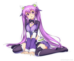 Rule 34 | 1girl, atomix, black thighhighs, blush, boots, breasts, cleavage, hair ornament, hair ribbon, highres, long hair, looking at viewer, open mouth, original, purple eyes, purple hair, ribbon, simple background, sitting, skirt, smile, solo, thigh boots, thighhighs, twintails, v arms, wariza, watermark, web address, white background