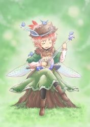 Rule 34 | 1girl, bird, black pantyhose, blush, boots, capelet, clover, crossed legs, dagger, dress, green background, hat, instrument, knife, open mouth, original, pantyhose, pink hair, playing, pointy ears, sheath, sitting, solo, viva!!, weapon, wings