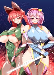 Rule 34 | 2girls, alternate costume, animal ears, arched back, areola slip, bare shoulders, blunt bangs, bodysuit, braid, breasts, cat ears, covered erect nipples, cowboy shot, elbow gloves, extra ears, fishnets, gloves, groin, hair ribbon, hairband, heart, highres, holding, holding sword, holding weapon, huge breasts, kaenbyou rin, komeiji satori, latex, leotard, looking at viewer, multiple girls, pandain, pink hair, pointy ears, puffy nipples, red eyes, red hair, reverse grip, ribbon, shiny clothes, shiny skin, sleeveless, smile, sword, taimanin (series), taimanin suit, thigh gap, thighs, touhou, twin braids, underboob, weapon, wide hips