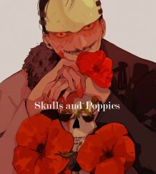 Rule 34 | 1boy, black hair, blood, blood on face, blood on hands, cheekbones, coat, facial hair, fingernails, flower, golden kamuy, grey background, looking at viewer, male focus, mask, multicolored coat, mustache, naruysae, poppy (flower), scar, scar on face, short hair, skeleton, solo, split-color clothes, tsurumi tokushirou, two-tone coat
