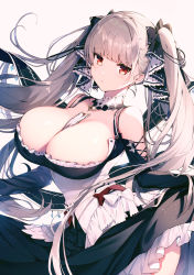 Rule 34 | 1girl, absurdres, azur lane, bare shoulders, between breasts, breasts, cleavage, closed mouth, detached collar, dress, earrings, formidable (azur lane), frills, hair ornament, highres, holding, jewelry, kat (bu-kunn), large breasts, lips, long hair, long skirt, long sleeves, looking at viewer, platinum blonde hair, red eyes, shiny skin, simple background, skirt, skirt hold, solo, twintails