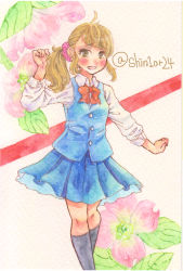Rule 34 | 1girl, :d, arm up, black socks, blue skirt, blue vest, blush, bow, bowtie, breasts, brown eyes, brown hair, collared shirt, feet out of frame, floral background, flower, highres, kneehighs, leaf, long sleeves, looking at viewer, medium hair, open mouth, original, pink flower, pleated skirt, red bow, red bowtie, shin1ar24, shirt, skirt, skirt set, small breasts, smile, socks, solo, traditional media, vest, watercolor pencil (medium), white shirt
