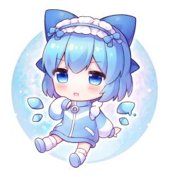 Rule 34 | 1girl, alternate costume, blue bow, blue eyes, blue footwear, blue hair, blue jacket, blush, bow, chibi, cirno, coa (chroo x), detached wings, fairy, full body, hair bow, ice, ice wings, jacket, long sleeves, open mouth, shoes, short hair, smile, socks, solo, touhou, white socks, wings