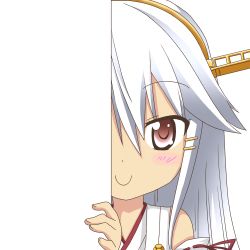 Rule 34 | 10s, 1girl, alternate hair color, c:, detached sleeves, hair ornament, hairband, hairclip, haruna (kancolle), kantai collection, long hair, looking at viewer, nagineko, nontraditional miko, peeking out, red eyes, smile, solo, transparent background, white hair