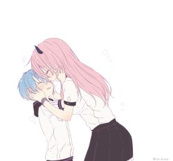 Rule 34 | 1boy, 1girl, age difference, blue hair, blush, demon horns, closed eyes, face-to-face, horns, long hair, nei (os), original, os (os fresa), pink hair, simple background, skirt, smile, souta (os), white background