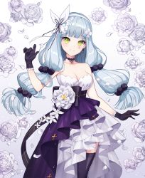 Rule 34 | 1girl, akamu, bare arms, bare shoulders, black bow, black choker, black gloves, black thighhighs, blue hair, blunt bangs, bow, breasts, choker, cleavage, closed mouth, collarbone, cowboy shot, dress, earrings, facial mark, floral background, flower, gem, girls&#039; frontline, gloves, gradient background, green eyes, hair flower, hair ornament, hair ribbon, hairband, hand up, hk416 (girls&#039; frontline), hk416 (starry cocoon) (girls&#039; frontline), jewelry, layered dress, long hair, looking at viewer, low-tied long hair, medium breasts, multi-tied hair, official alternate costume, pendant, petals, ribbon, rose, rose petals, smile, solo, standing, strapless, strapless dress, thighhighs, very long hair, white background, white flower, white hairband, white ribbon, white rose