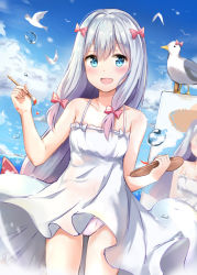 Rule 34 | 10s, 1girl, :d, bird, blue eyes, blush, canvas (object), collarbone, cowboy shot, day, dress, dutch angle, eromanga sensei, hair between eyes, hands up, holding, izumi sagiri, long hair, looking at viewer, ocean, open mouth, outdoors, paintbrush, palette (object), panties, pink panties, seagull, silver hair, smile, solo, standing, sundress, tailam, thighs, underwear, white dress, wind, wind lift