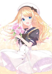 Rule 34 | 1girl, artist name, blonde hair, blue eyes, blue sailor collar, dress, flower, hat, highres, holding, holding flower, jervis (kancolle), kantai collection, long hair, open mouth, pink flower, pink rose, puffy short sleeves, puffy sleeves, rose, sailor collar, sailor dress, sailor hat, shiohari kanna, short sleeves, signature, smile, solo, white dress, white hat