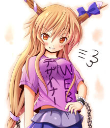Rule 34 | &gt;:), 1girl, alternate costume, bad id, bad pixiv id, blonde hair, bow, breasts, chain, contemporary, female focus, grin, horns, ibuki suika, impossible clothes, impossible shirt, long hair, orange eyes, ribbon, shirt, smile, solo, touhou, v-shaped eyebrows, very long hair, yellow eyes, yunomi chawan
